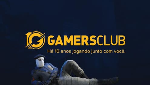 Gamers Club key art: the tenth-anniversary logo over a masked competitive player.