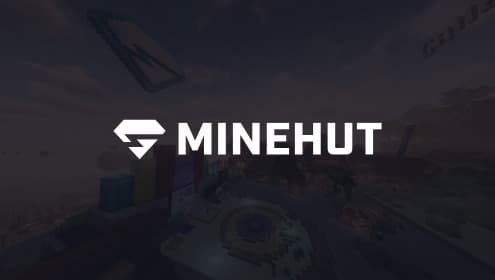 The Minehut logo over a dimmed screenshot of a player-built Minecraft world.